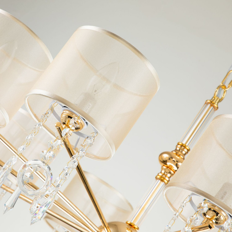 Подвесная люстра Favourite Ventus 2891-10P, D920*H460/1460, Каркас золотого цвета, плафон из органзы янтарного цвета, декоративные элементы из стекла и хрусталя