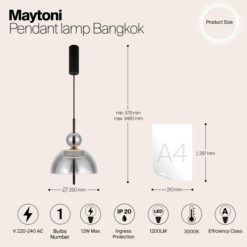 Подвесной светильник  25*57,8 см, LED 1 12W, 3000К, Черный Maytoni Bangkok MOD185PL-L6B3K4