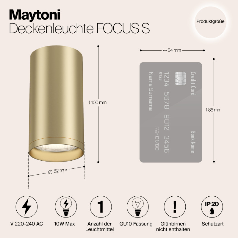 Светильник 5*5 см, GU10 10W, Maytoni Focus S C052CL-01MG, матовое золото