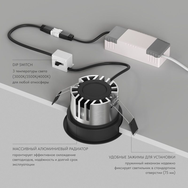 Встраиваемый светильник *8,4*7 см, *LED*975Lm, 3000-4000-6000K, Denkirs Shine Glow DK2430-BK, черный матовый