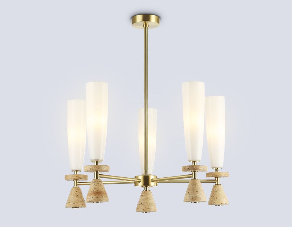 Люстра на штанге с травертином **67,5- см, 5*G9*28W, K, Ambrella Light High Light LH75371, золото