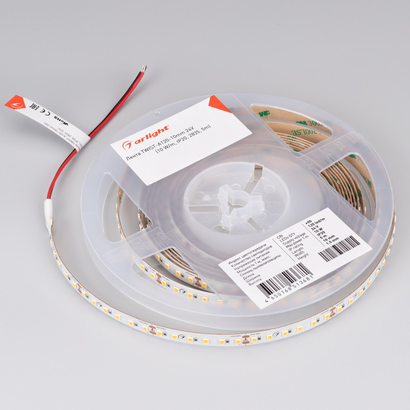 Лента TWIST-A120-10mm 24V Warm2700 (10 W/m, IP20, 2835, 5m) (Arlight, Открытый) 030010(2). Цена указана за 5 метров. Продается кратно 5 метрам.