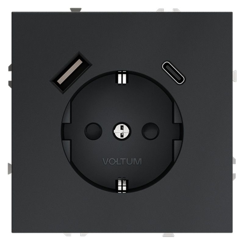 Розетка встраиваемая Voltum S70 с заземлением и защитными шторками, 16А, с USB, A+С, графит пластик Soft touch VLS040507