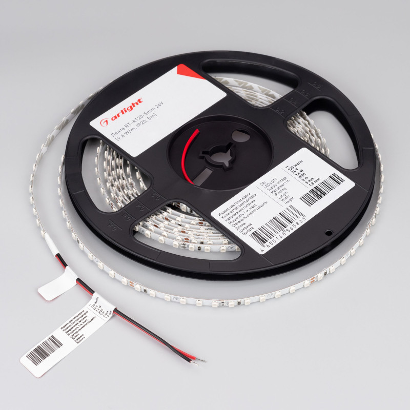 Лента RT-A120-5mm 24V Red (9.6 W/m, IP20, 2835, 5m) (Arlight, 9.6 Вт/м, IP20) 015657(2). Цена указана за 5 метров. Продается кратно 5 метрам.