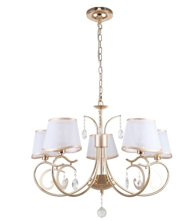 Подвесная люстра F-Promo Charm 2756-5P, D680*H535/1530, французское золото, плафоны из белой ткани с золотой лентой, подвески из хрусталя высшего качества