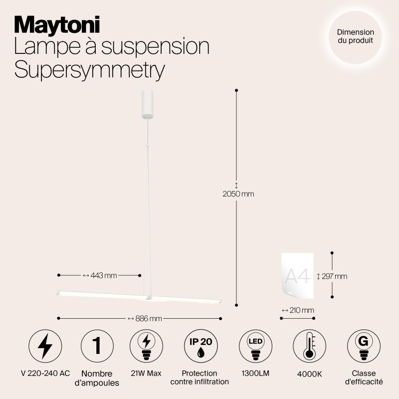 Подвесной светильник  4*4*88,6 см, LED 1 21W, 4000К, Белый Maytoni Supersymmetry P096PL-L11WK1