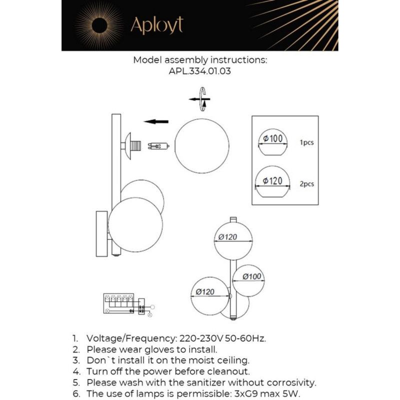 Бра 19*23*32 см, 3*G9, 5W, Aployt Feliche APL.334.01.03, черный