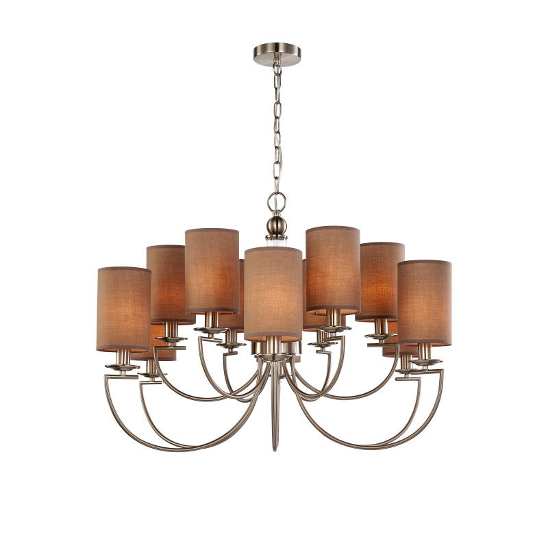 Подвесная люстра Favourite Argo 2934-12P, D880*H615/1680, никеля, плафоны из коричневой ткани, декоративный элемент из прозрачного стекла