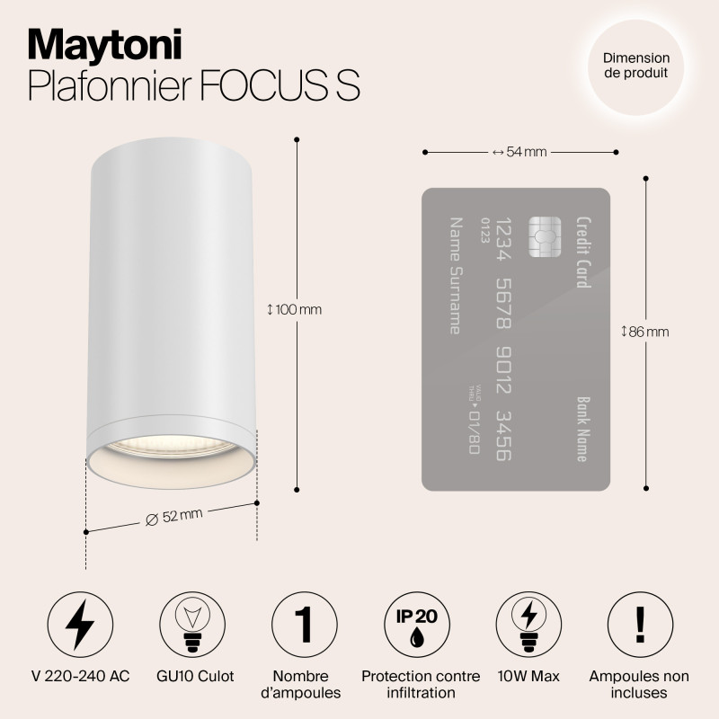 Светильник 5*5 см, GU10 10W, Maytoni Focus S C052CL-01W, белый