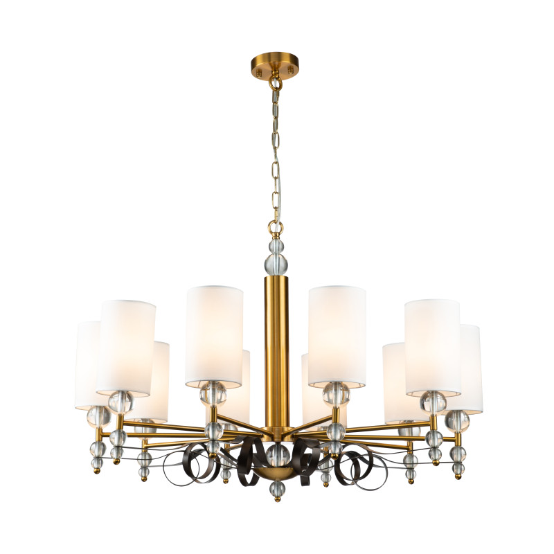 Подвесная люстра Favourite Opera 2994-10P, D980*H685/1680, латуни, декоративные металлические ленты темно-коричневого цвета, декоративные стеклянные шары на рожках, плафоны из ткани белого цвета