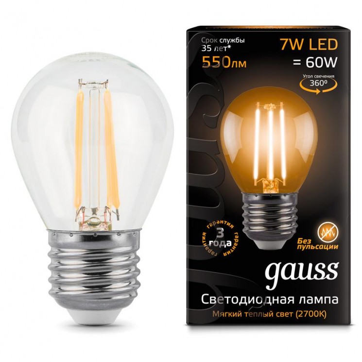 Лампа светодиодная Е27, 7W=60W, Gauss LED Filament Globe 2700K теплый свет 105802107