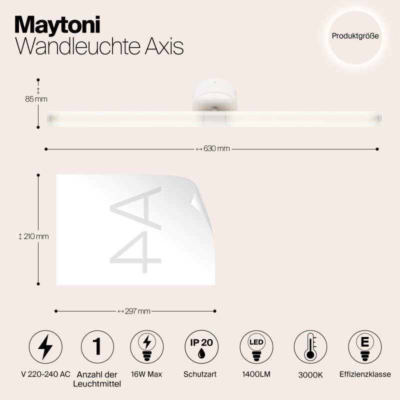Бра 60 см, 16W, 3000K, Maytoni Axis MOD106WL-L16W3, белый