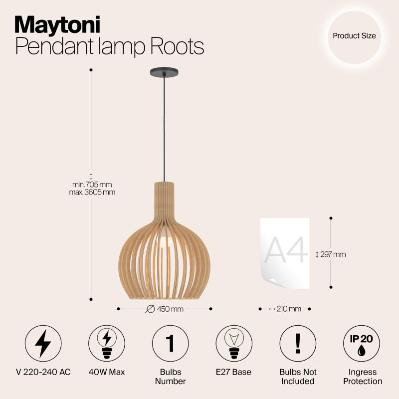 Светильник 45 см, Maytoni Roots MOD194PL-01W1, черный-дерево