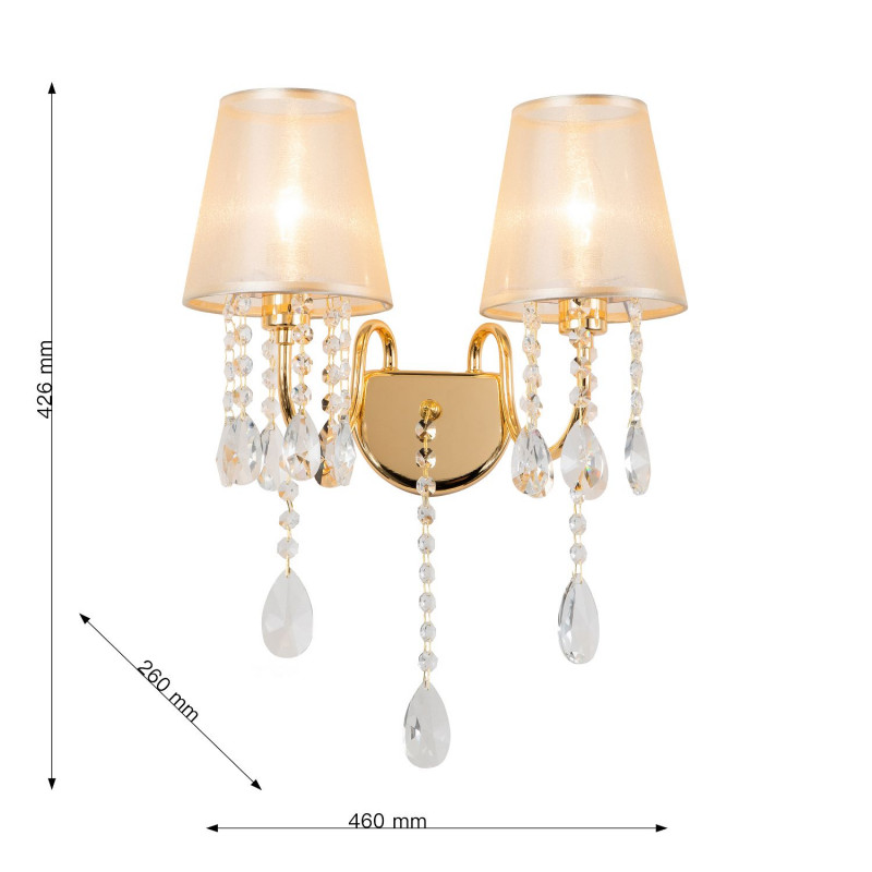Бра Favourite Cutie 2868-2W, D260*W460*H425, Каркас золотого цвета, плафоны из органзы янтарного цвета с отделкой золотой тесьмой, декоративные элементы из хрусталя