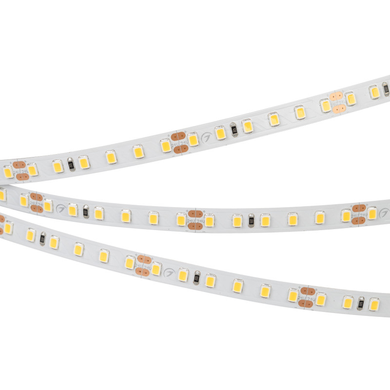 Лента RT-A120-8mm 24V Warm2400 (9.6 W/m, IP20, 2835, 5m) (Arlight, Открытый) 018090(2). Цена указана за 5 метров. Продается кратно 5 метрам.