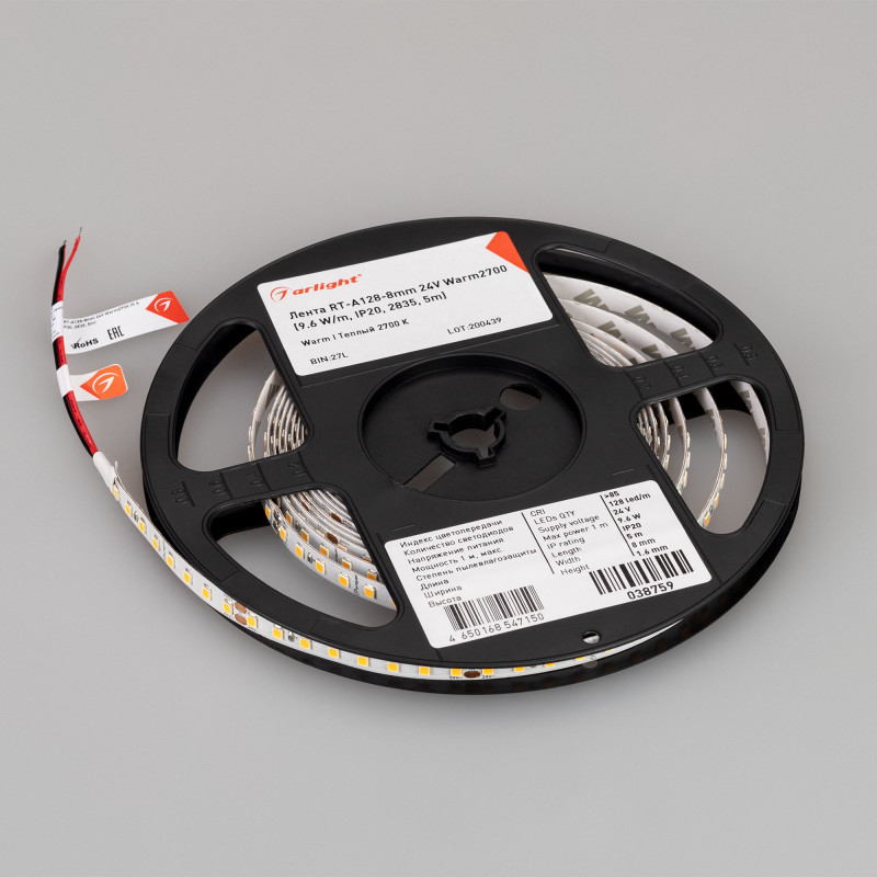 Лента RT-A128-8mm 24V Warm2700 (9.6 W/m, IP20, 2835, 5m) (Arlight, высок.эфф.150 лм/Вт) 038759. Цена указана за 5 метров. Продается кратно 5 метрам.