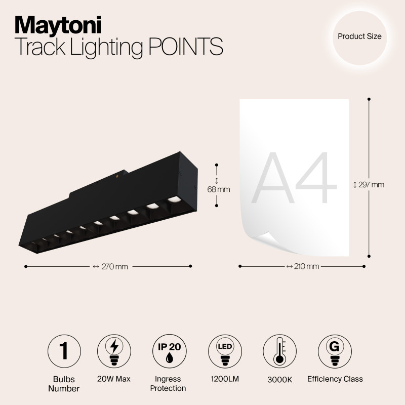Светодиодный светильник 27 см, 20W, 3000K Maytoni Points S35 TR014-2-20W3K-B, 3000K, черный трековый