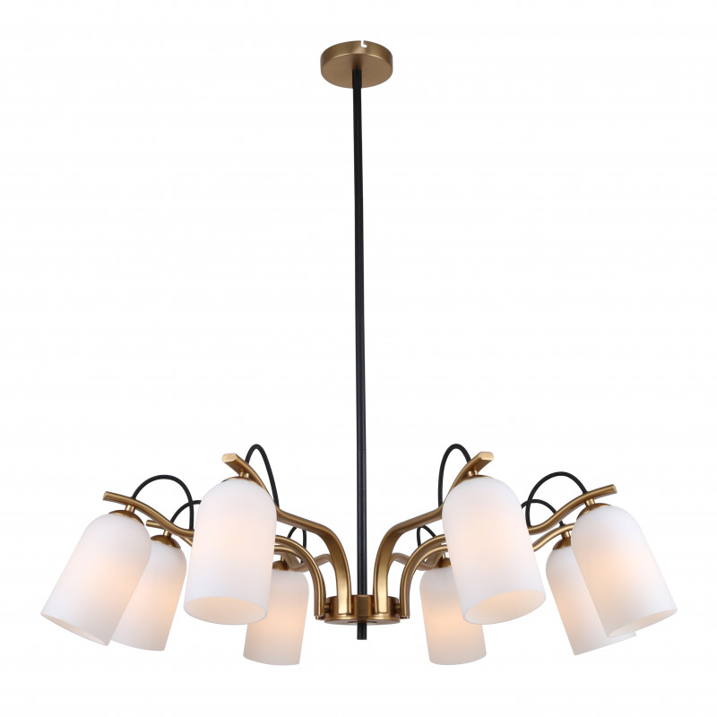 Люстра 2в1 Favourite Grover 2668-8P, D820*H320/920, каркас темно-серого цвета и цвета латуни, плафоны из белого стекла