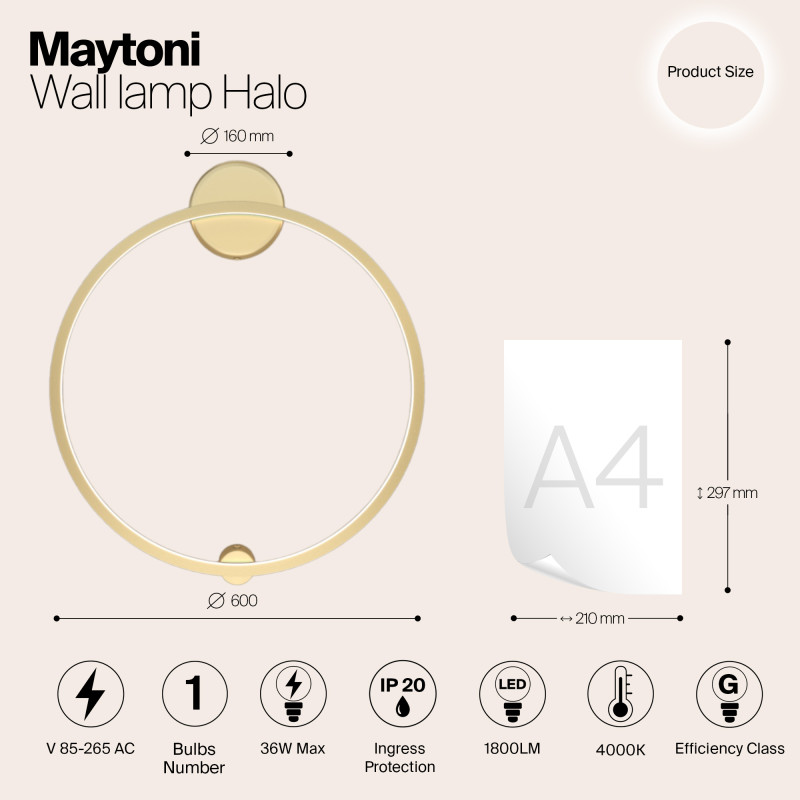 Бра 60 см, 36W, 4000K, Maytoni MOD005WL-L22BSK1, латунь