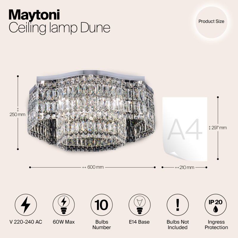 Потолочная люстра Maytoni Dune DIA005CL-10CH, диаметр 60 см, хром-хрусталь