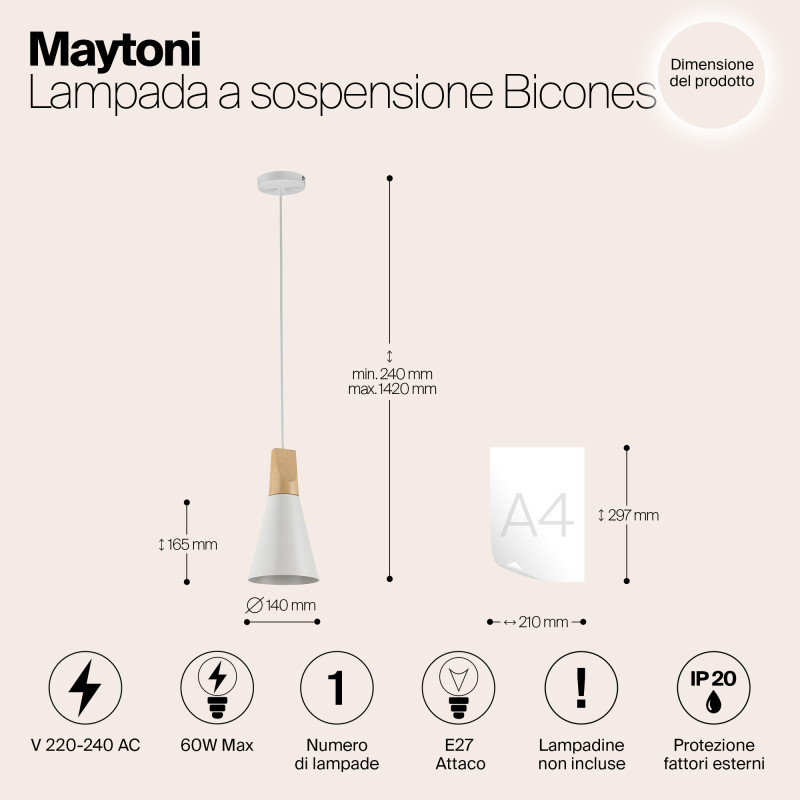 Подвесной светильник Maytoni Bicones P359-PL-140-W, диаметр 14см, белый, светлое дерево