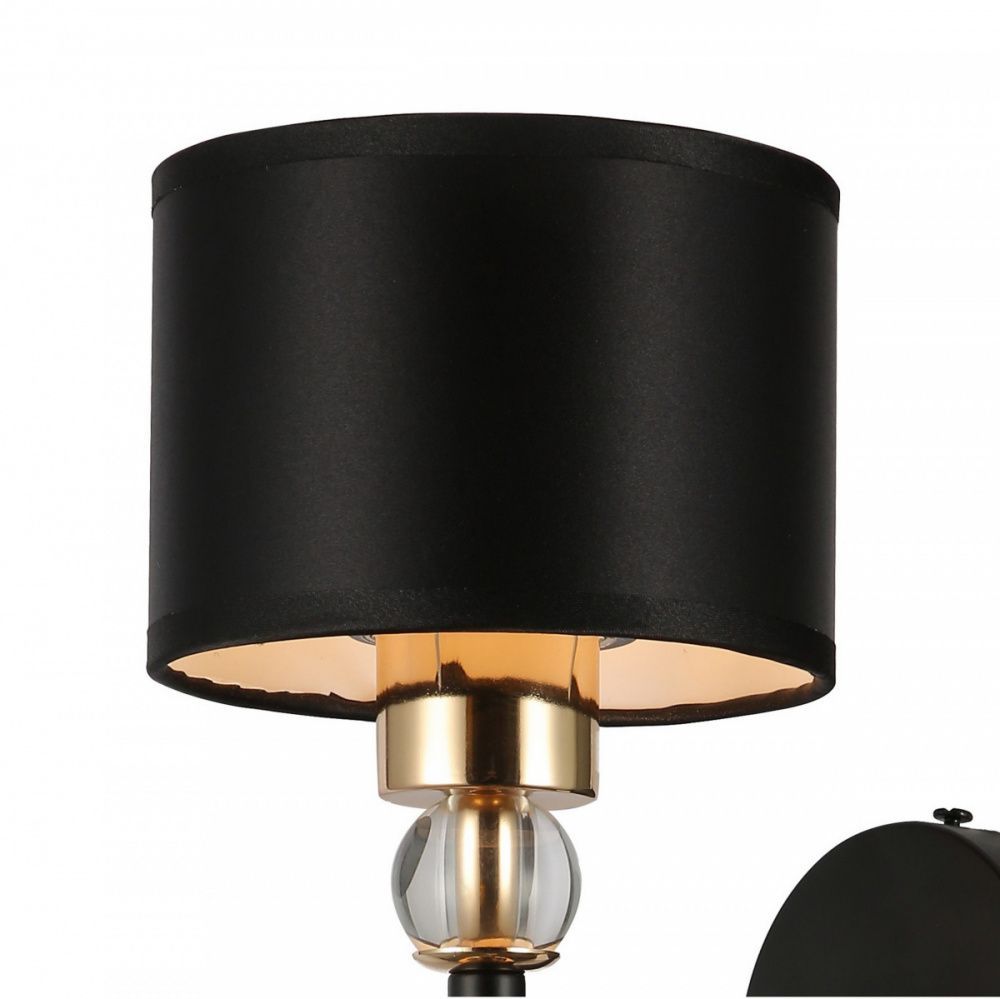 Бра F-Promo Ringed 2847-1W, D205*W140*H365, каркас черного цвета, плафоны из гладкой черной ткани, декоративные элементы и цепочки золотого цвета, стеклянный декоративный шар, хрустальные подвес