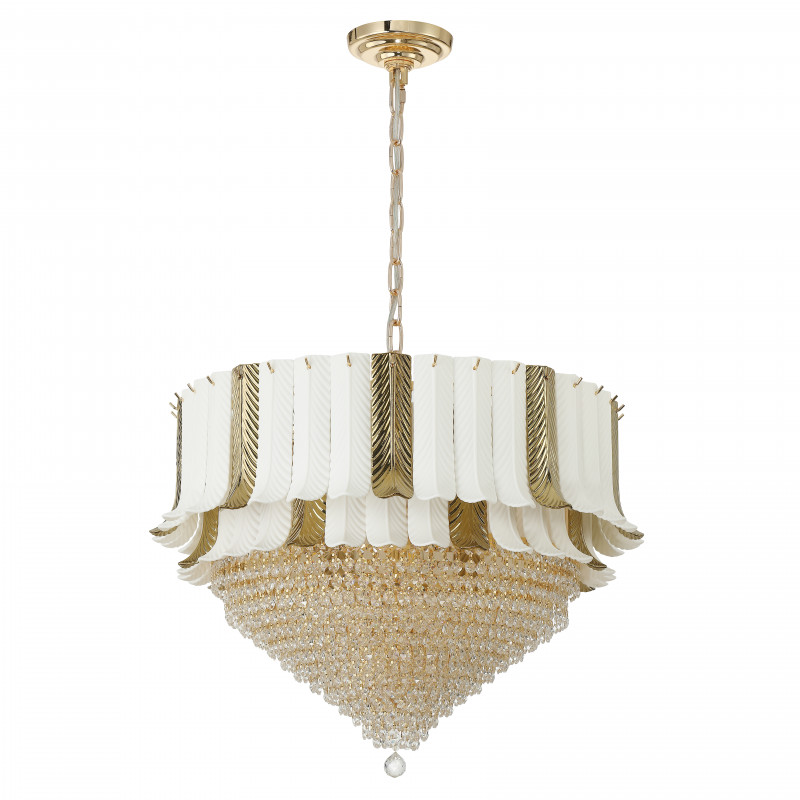 Люстра 2в1 Favourite Petala 2735-16P, D700*H540/1340, каркас золотого цвета, рельефные керамические пластины из молочного и золотого цвета, подвески из хрусталя высшего качества