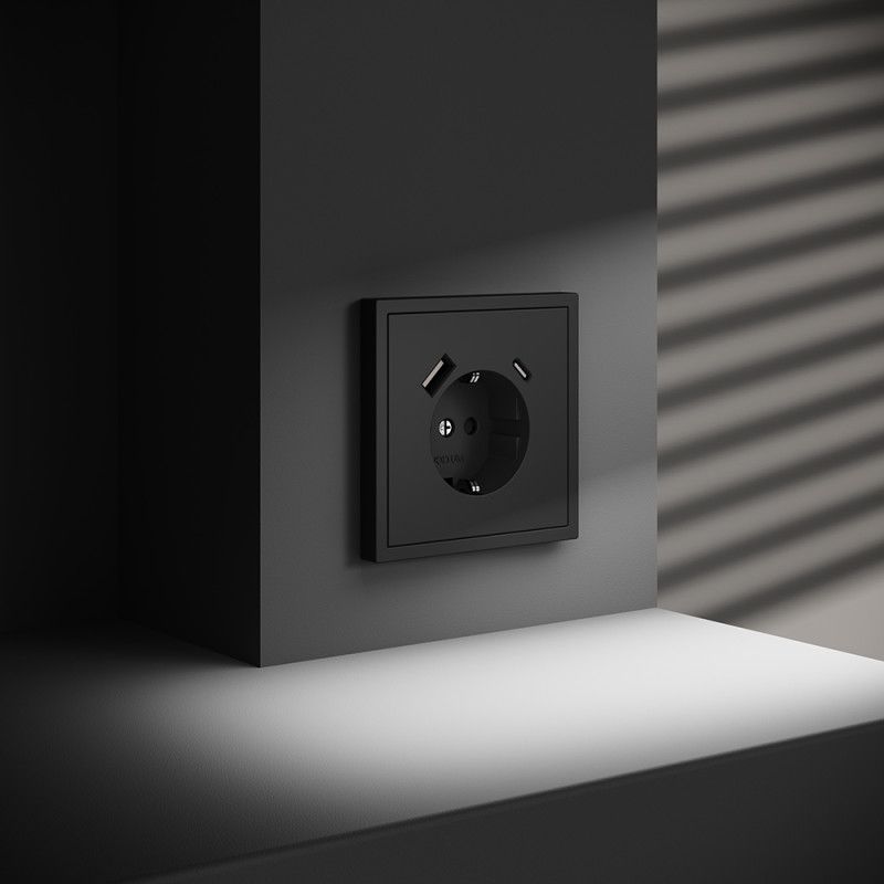 Розетка встраиваемая Voltum S70 с заземлением и защитными шторками, 16А, с USB, A+С, черный матовый пластик Soft touch VLS040508