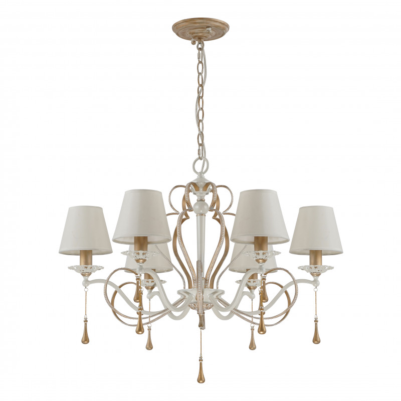 Подвесная люстра Favourite Silena 2635-6P, D710*H590/1670, каркас белого цвета и цвета - античное золото, абажуры из белой ткани, декоративные подвески в виде удлиненных стеклянных капель на золотых цепочках