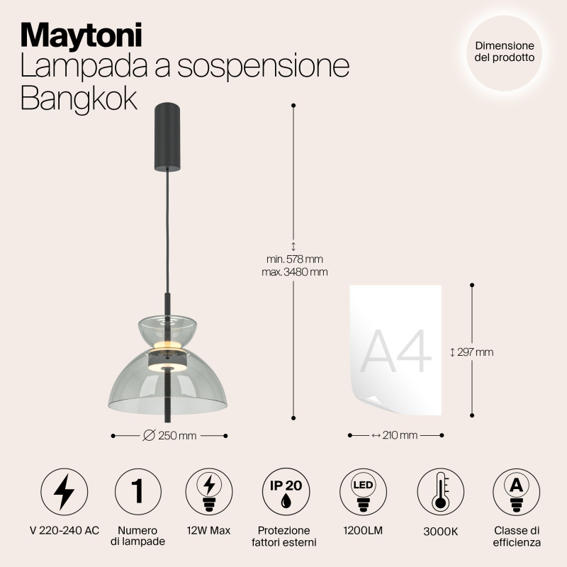 Подвесной светильник  25*57,8 см, LED 12W, 3000К, Черный Maytoni Bangkok MOD185PL-L11B3K2