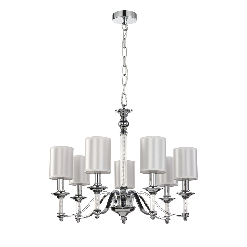 Подвесная люстра Favourite Gelios 2930-7P, D630*H505/1590, хром, плафоны из белой атласной ткани, декоративные элементы из прозрачного стекла
