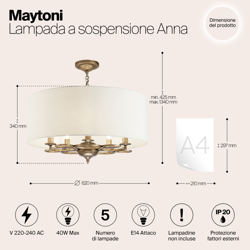 Подвесная люстра Maytoni Anna H007PL-05G, кремовый, диаметр 62см