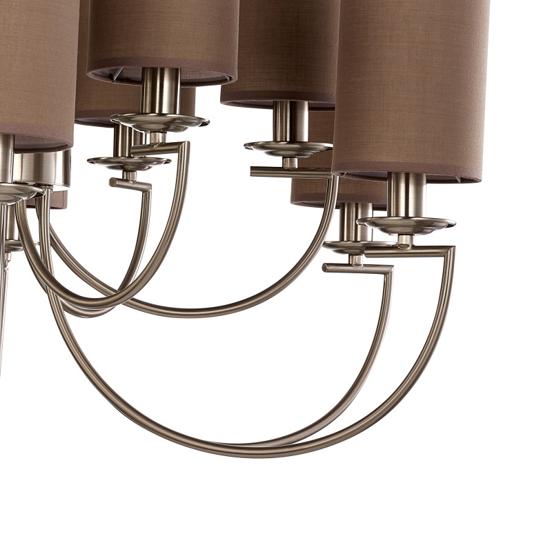 Подвесная люстра Favourite Argo 2934-12P, D880*H615/1680, никеля, плафоны из коричневой ткани, декоративный элемент из прозрачного стекла