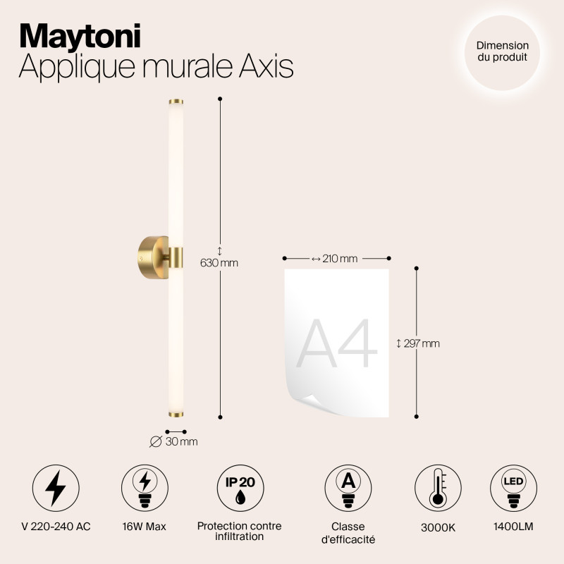 Бра 60 см, 16W, 3000K, Maytoni Axis MOD106WL-L16G3K, золото
