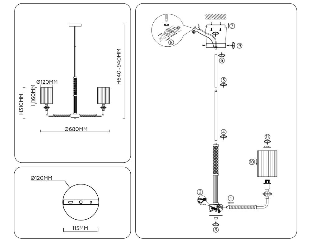 Люстра на штанге с абажурами **64- см, 5*E14*40W, K, Ambrella Light High Light LH71500, латунь