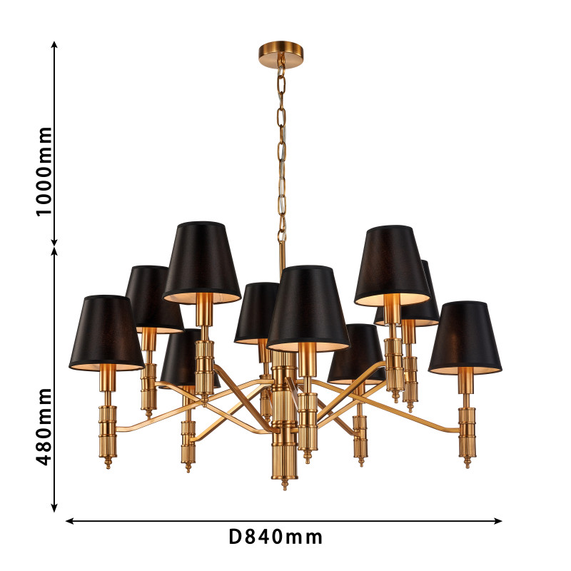 Подвесная люстра Favourite Flagship 2933-10P, D840*H480/1570, античной латуни, плафоны из черной атласной ткани