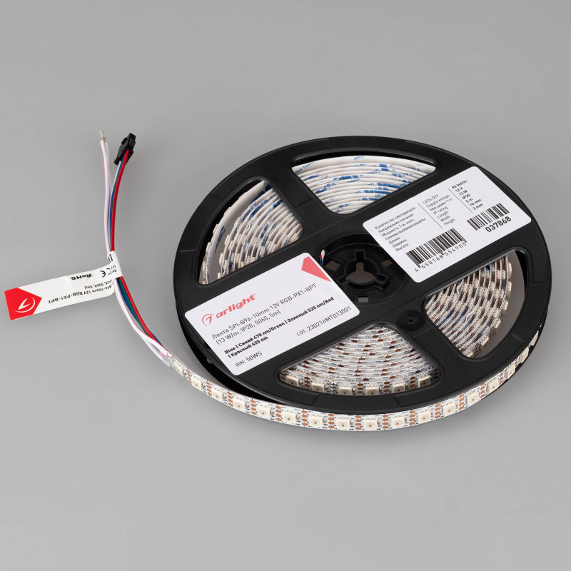 Лента SPI-B96-10mm 12V RGB-PX1-BPT (13 W/m, IP20, 5060, 5m) (Arlight, Открытый) 037868. Цена указана за 5 метров. Продается кратно 5 метрам.