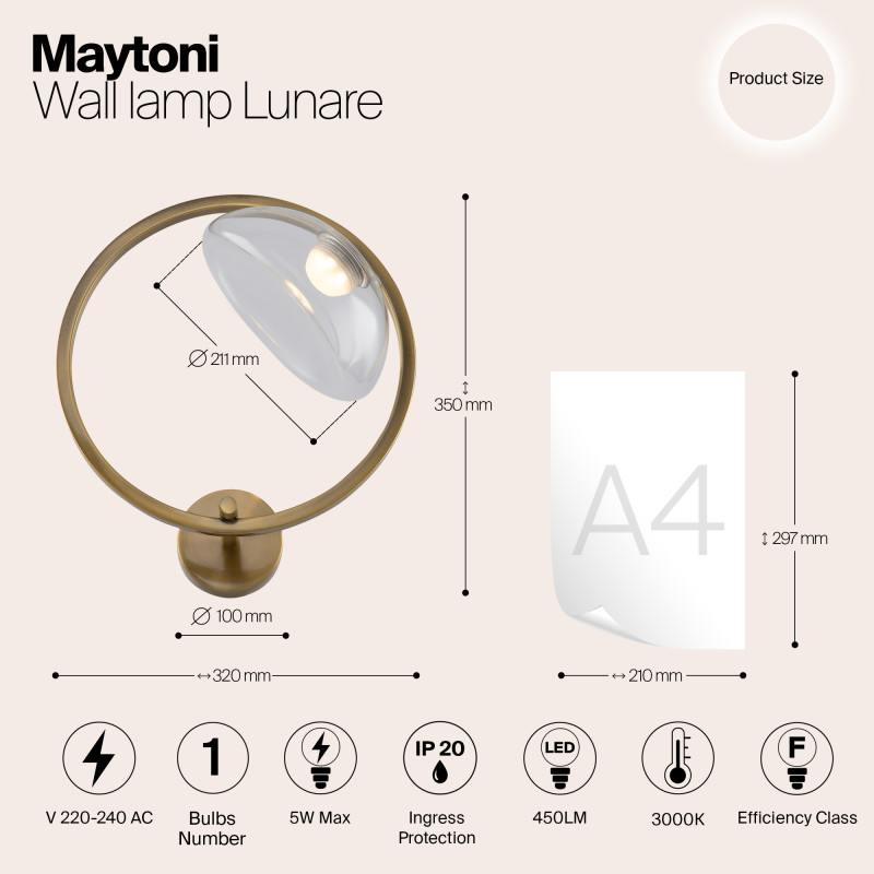 Светодиодный светильник 35 см, 5W, 3000K, Maytoni Moon MOD327WL-L5BS3K1, латунь