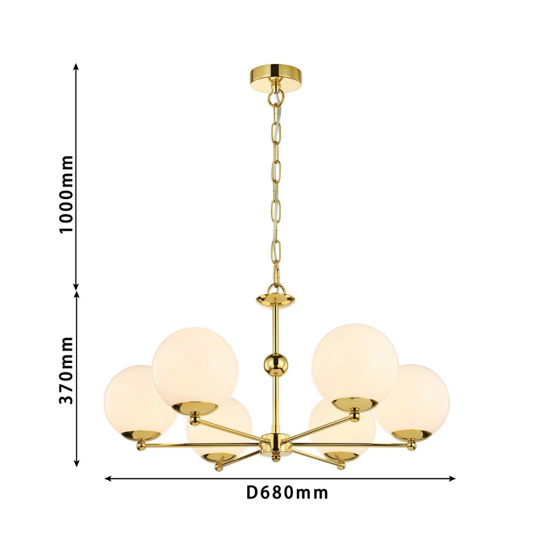 Подвесная люстра Favourite Undine 2811-6P, D680*H365/1400, Каркас золотого цвета, плафоны из белого выдувного стекла