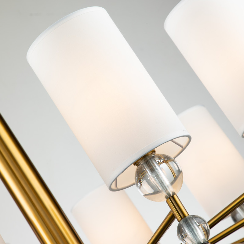 Подвесная люстра Favourite Opera 2994-10P, D980*H685/1680, латуни, декоративные металлические ленты темно-коричневого цвета, декоративные стеклянные шары на рожках, плафоны из ткани белого цвета