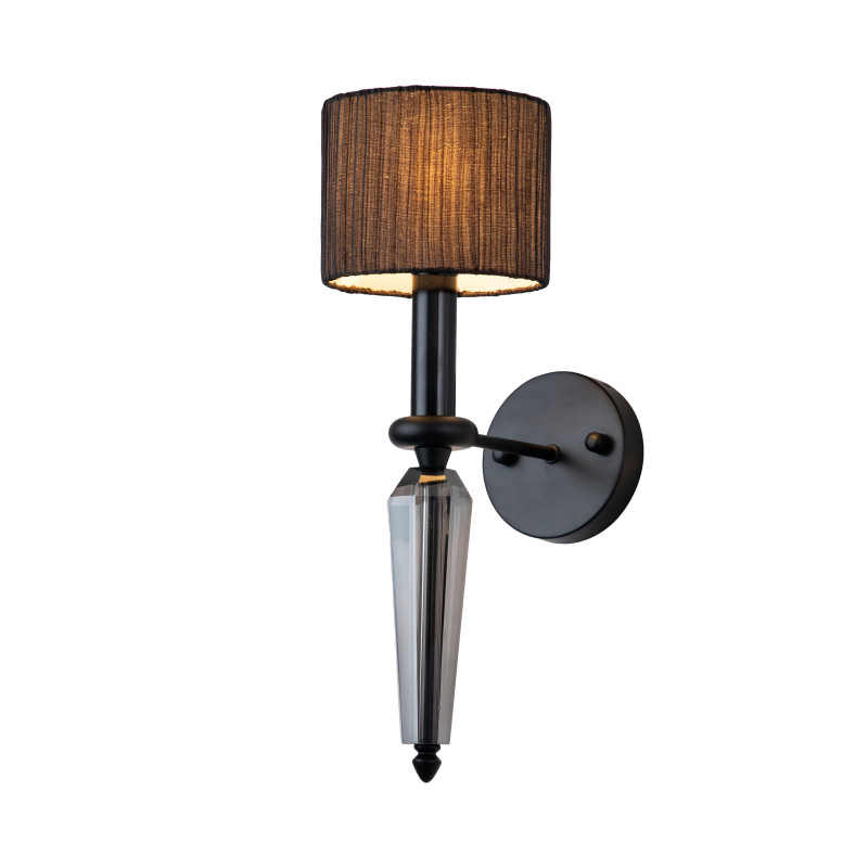 Бра Favourite Graph 2965-1W, D230*W150*H460, каркас матового черного цвета, плафон из черной органзы, декоративный элемент из хрусталя серо-дымчатого цвета