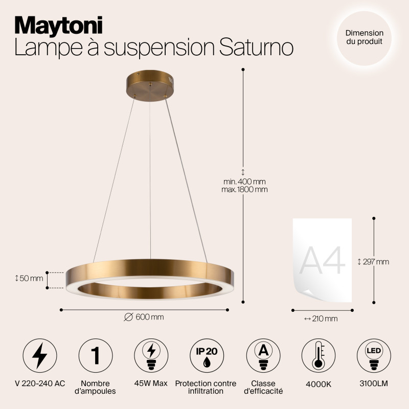 Светильник 60 см, 45W, 4000K Maytoni Saturno MOD415PL-L45BS4K, латунь