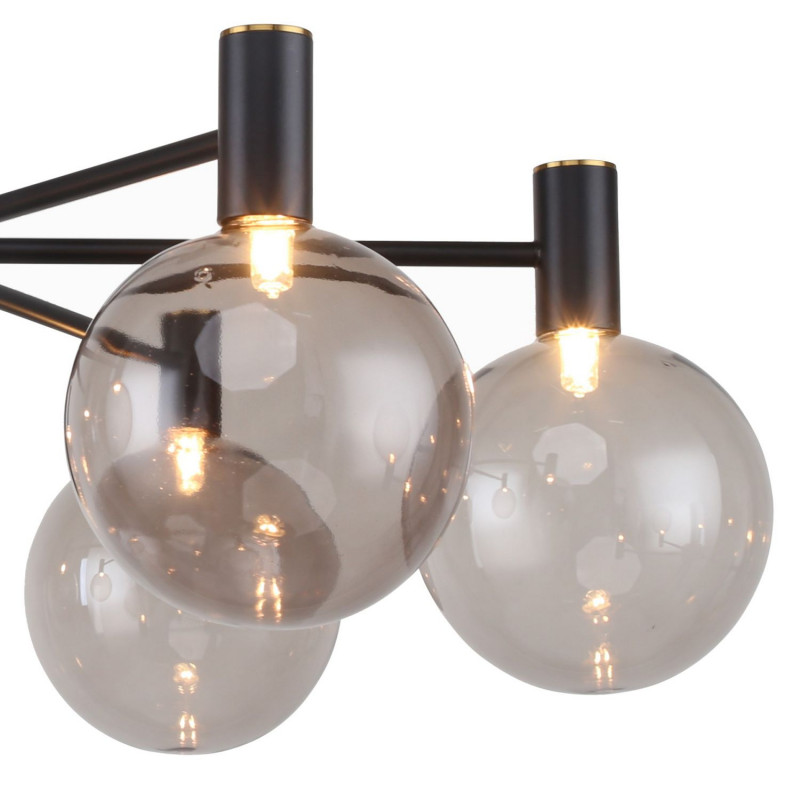 Люстра Favourite Eternity 2766-6P, D650*H500, Каркас черного цвета, с тонкими полосками цвета латуни, которые находятся в середине каркаса, в конце и в основании плафонов, выдувные плафоны серого