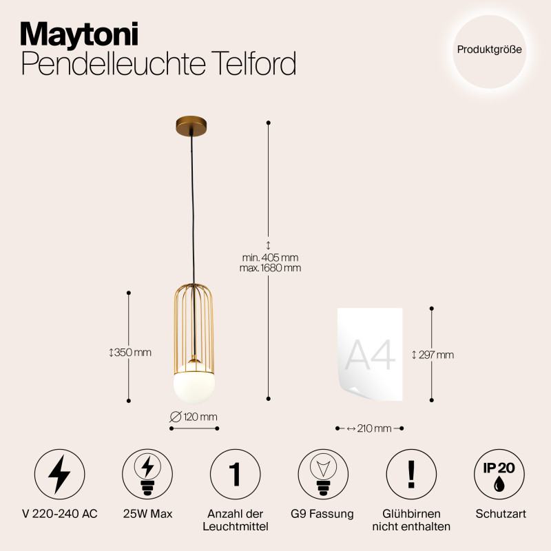 Подвесной светильник Maytoni Telford P361PL-01G, золото, диаметр 12 см