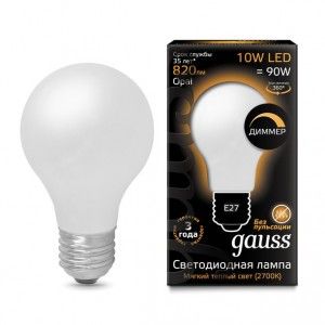 102202110-D Лампа Gauss Filament А60 10W 820lm 2700К Е27 milky диммируемая LED 1/10/40