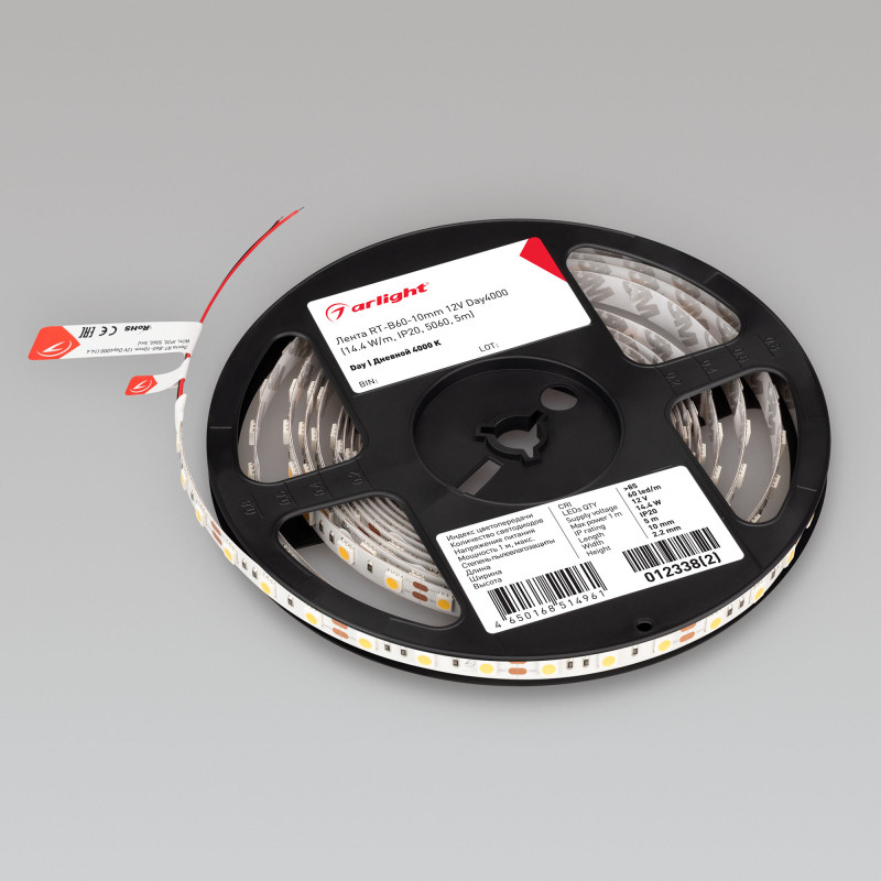 Лента RT-B60-10mm 12V Day4000 (14.4 W/m, IP20, 5060, 5m) (Arlight, Открытый) 012338(2). Цена указана за 5 метров. Продается кратно 5 метрам.