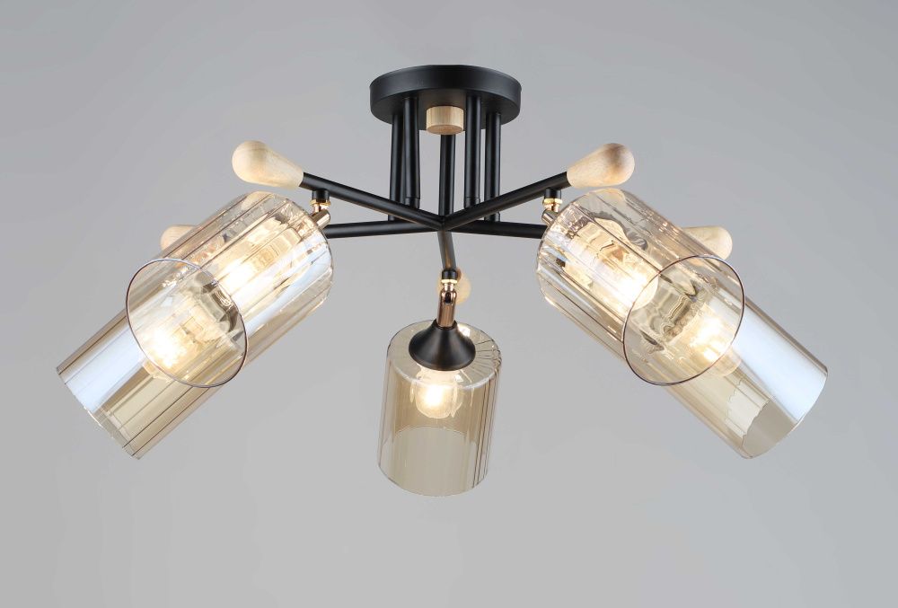 Люстра Ø615 x H300, мм, 5*40W (200W), BK+WOOD(Чёрный+Дерево) Rilon 5068/5 BK+WOOD