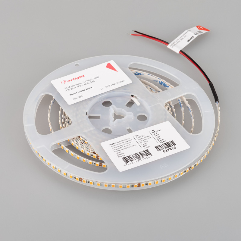 Лента RT-A160-5mm 24V Warm3000 (15 W/m, IP20, 2835, 5m) (Arlight, Открытый) 037813. Цена указана за 5 метров. Продается кратно 5 метрам.