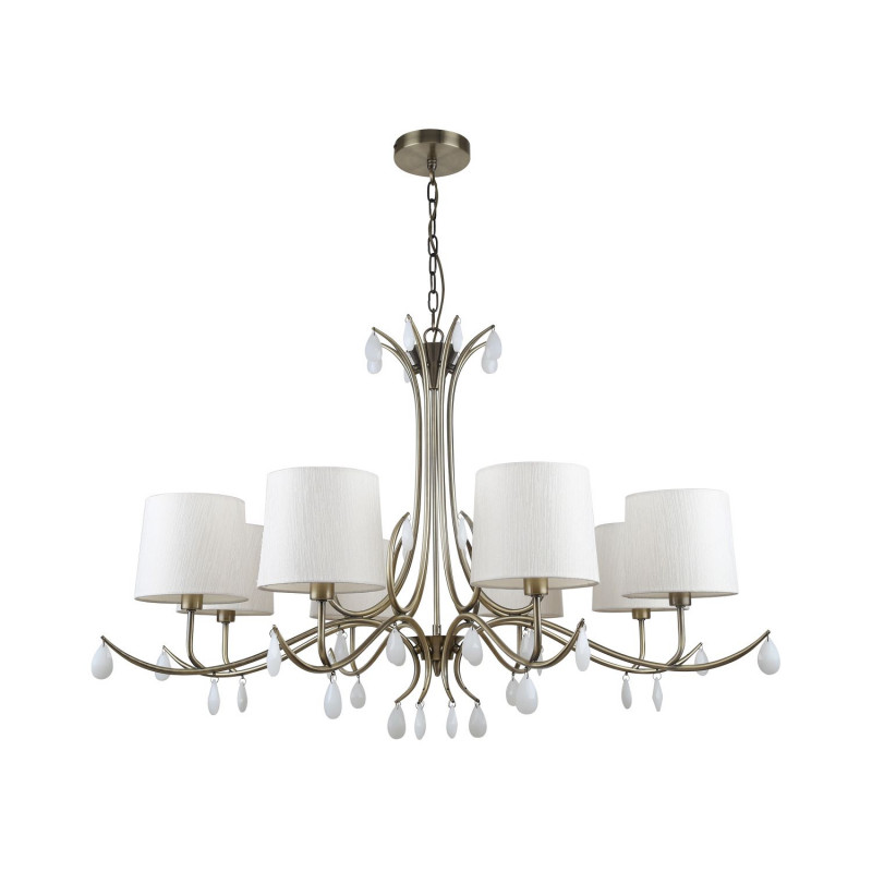 Подвесная люстра Favourite Castellum 2769-8P, D1010*H630/1630, античная латунь, плафоны из ткани кремового цвета, декоративные элементы в виде подвесок из белого стекла