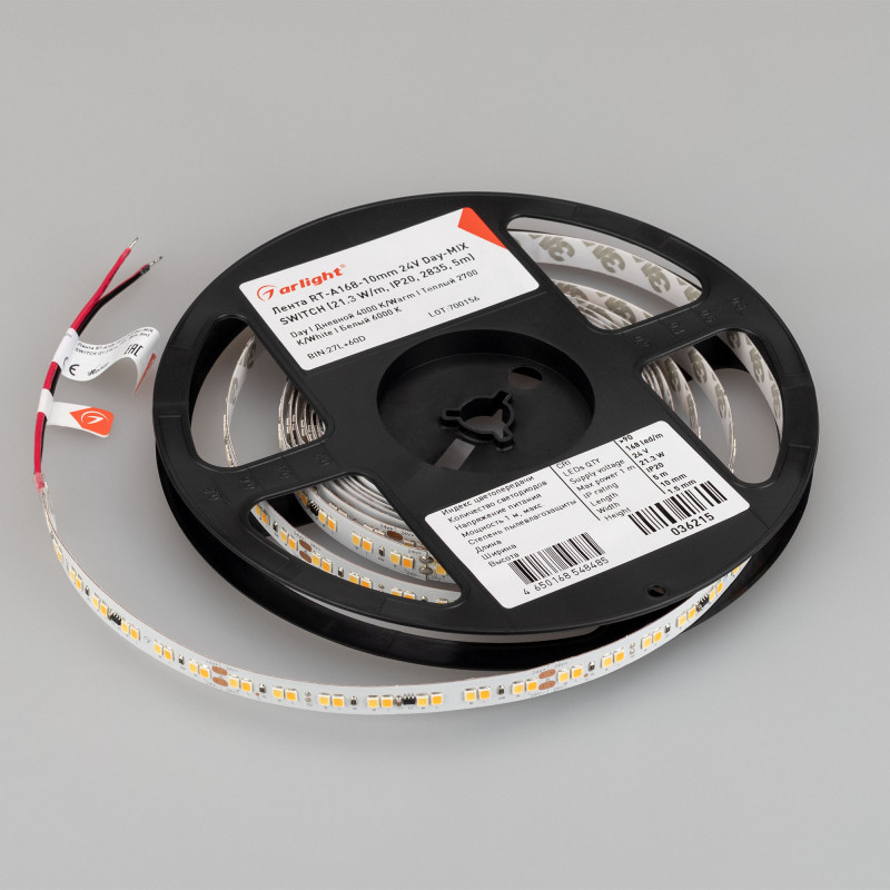 Лента RT-A168-10mm 24V Day-MIX SWITCH (21.3 W/m, IP20, 2835, 5m) (Arlight, изм.ЦТ вкл-выкл) 036215. Цена указана за 5 метров. Продается кратно 5 метрам.